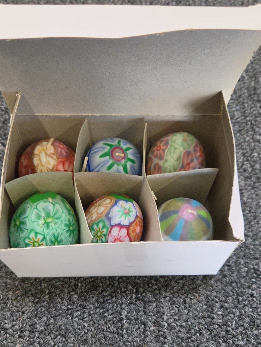 Set Of 6 Hand Painted Egg Candles 2.5"T New In Box